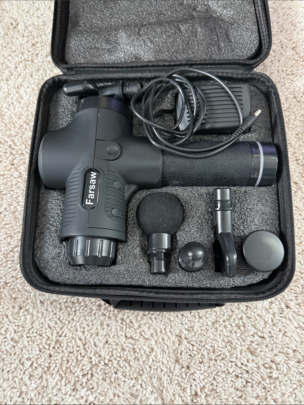 Compact Black Percussion Massage Gun with Carry Case